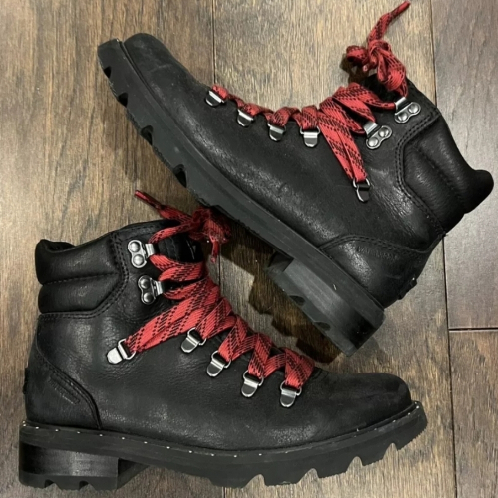 Sorel Lennox Hiker Boot Women's 6 Black Leather Waterproof, Red Laces